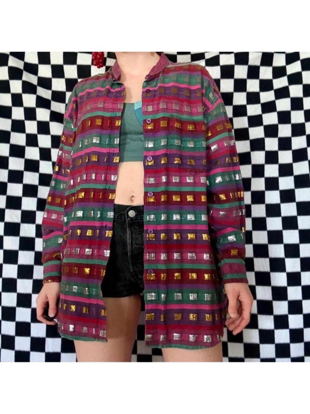90s multicolored metallic striped button up shirt